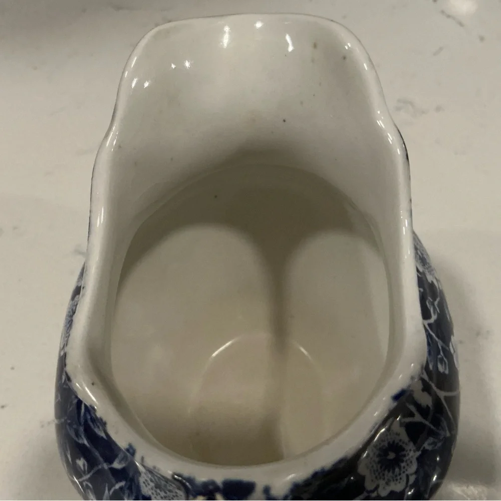 Calico Staffordshire Floral Blue and White Ceramic creamer dish 4”